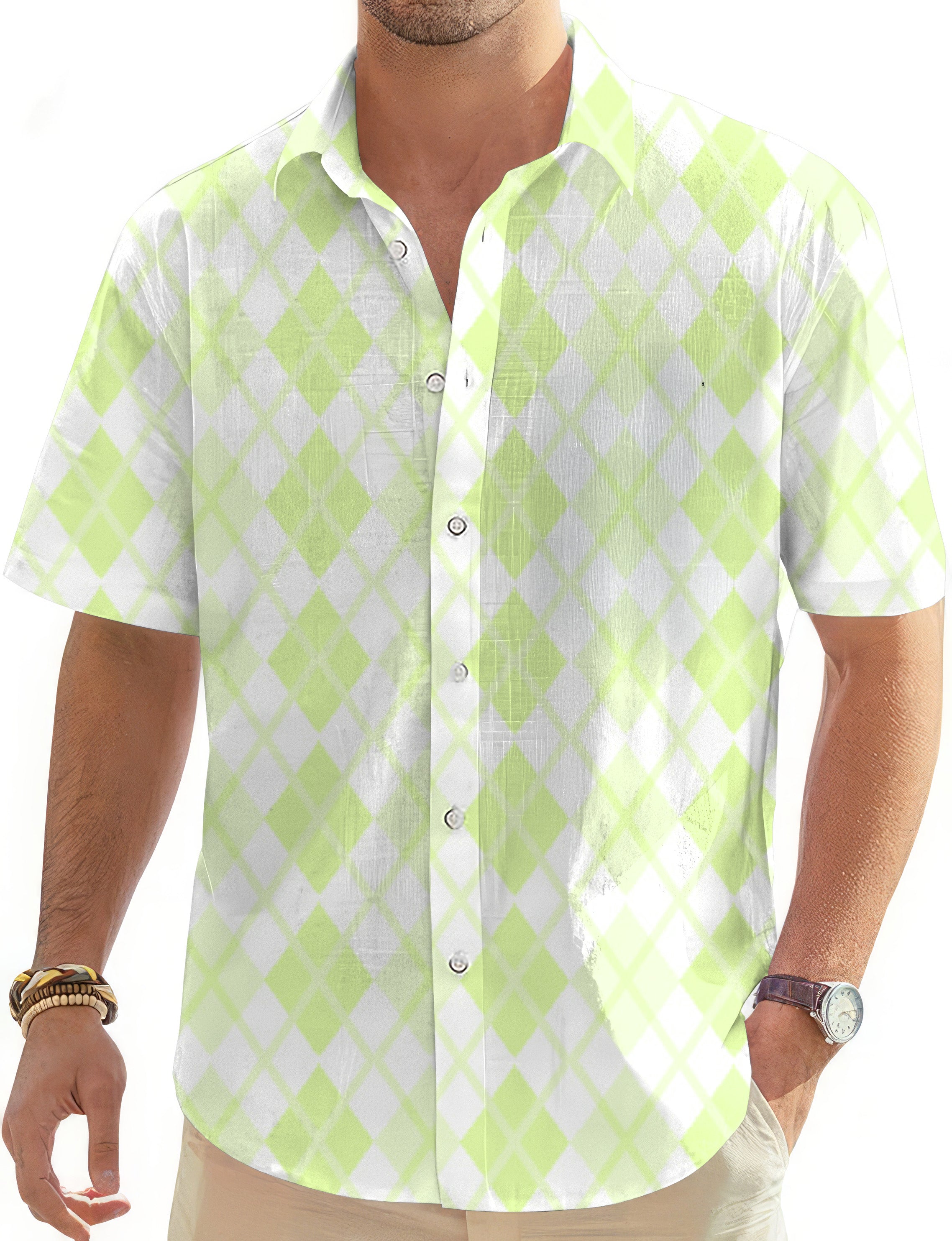 green grid-Men's Golf Hawaiian Shirts Button Down Shirt