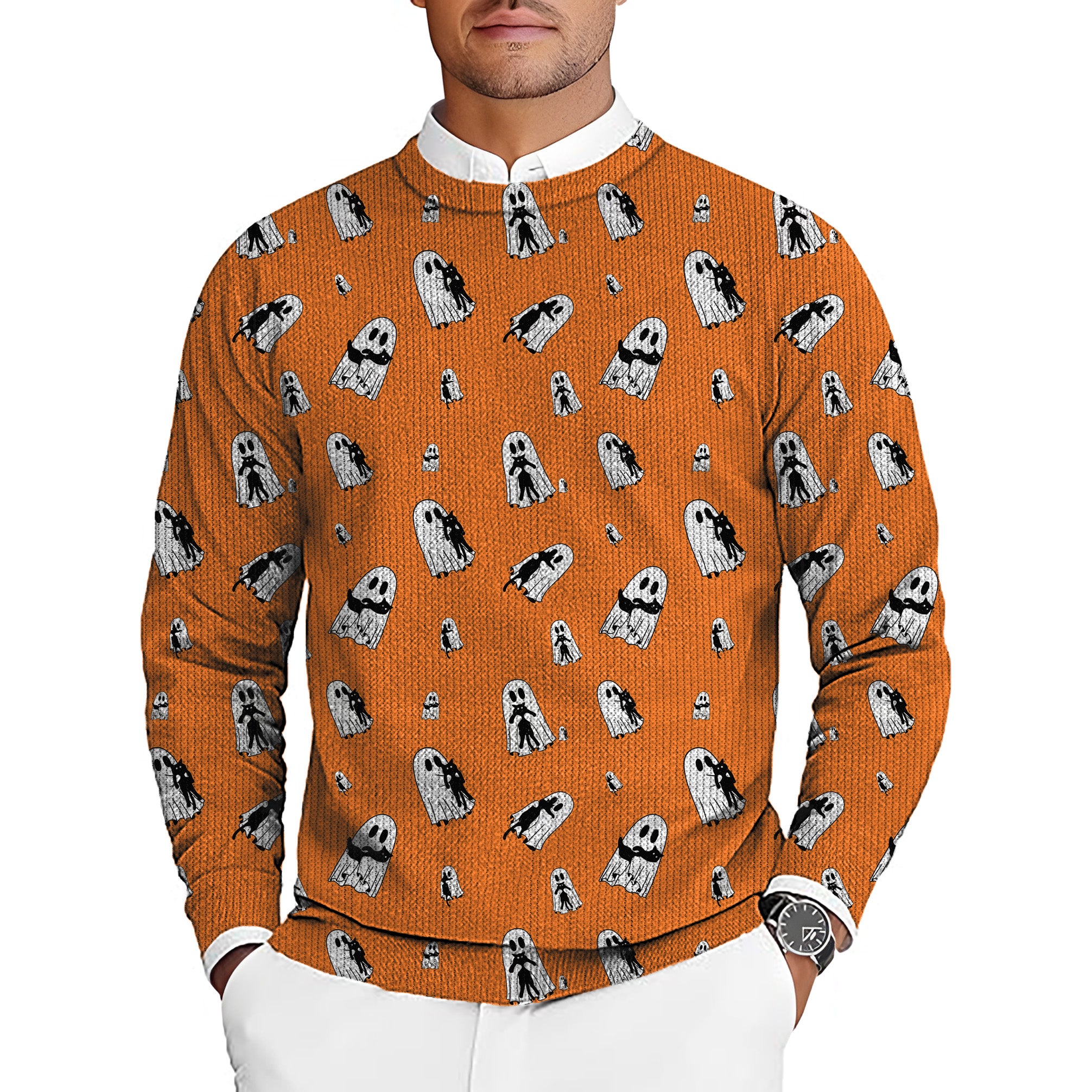 Halloween Ghost Hug Cat Custom The Background Color Men's Golf Crewneck Pullover Sweaters Ugly Sweater