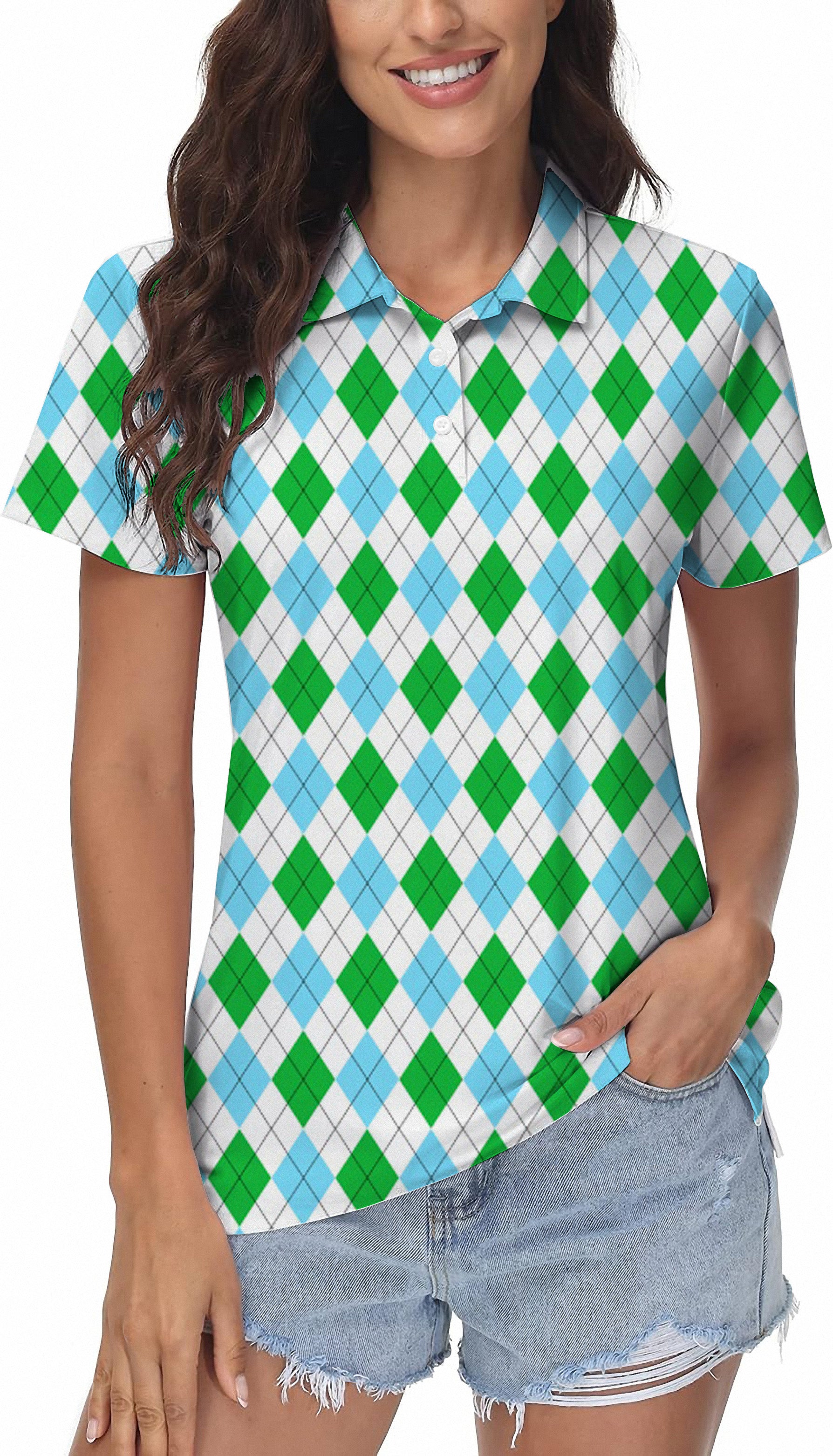 Green diamond grid Women's Golf Polo