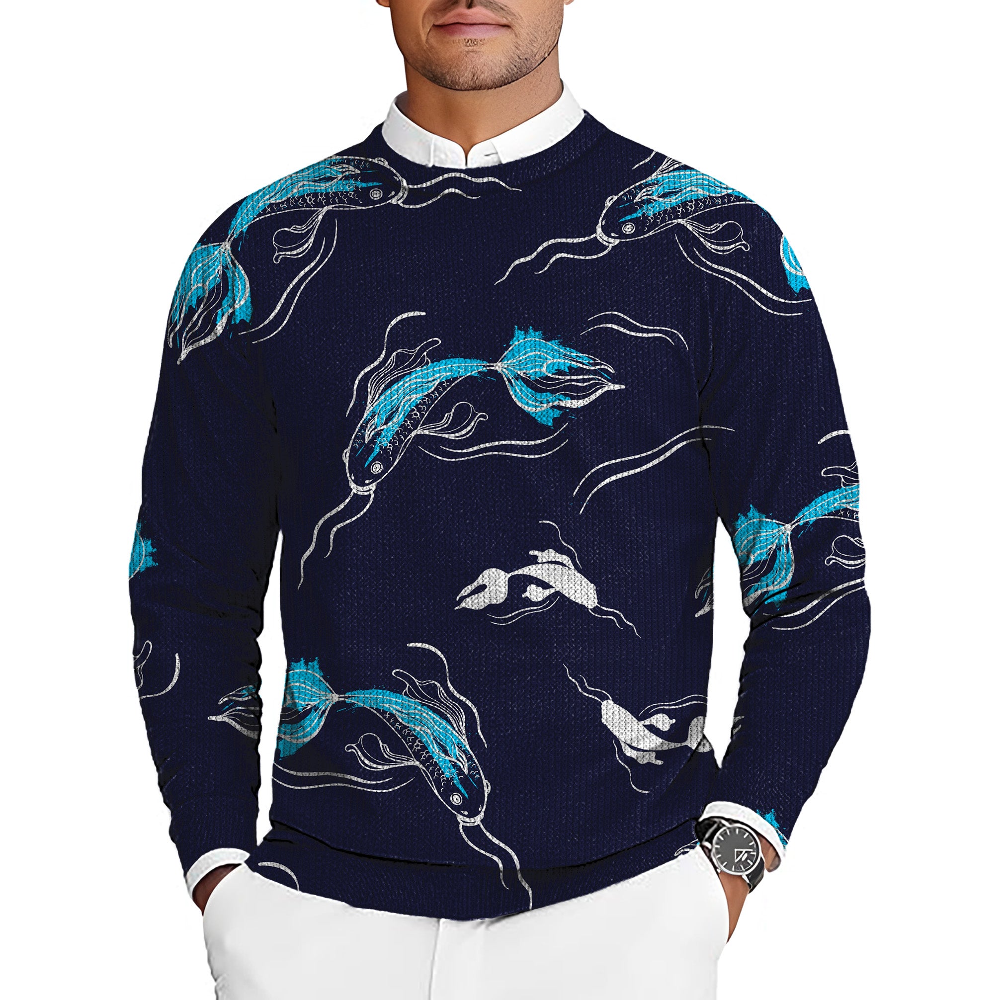 Diamond Accents Fish Men's Golf Crewneck Pullover Sweaters Ugly Sweater