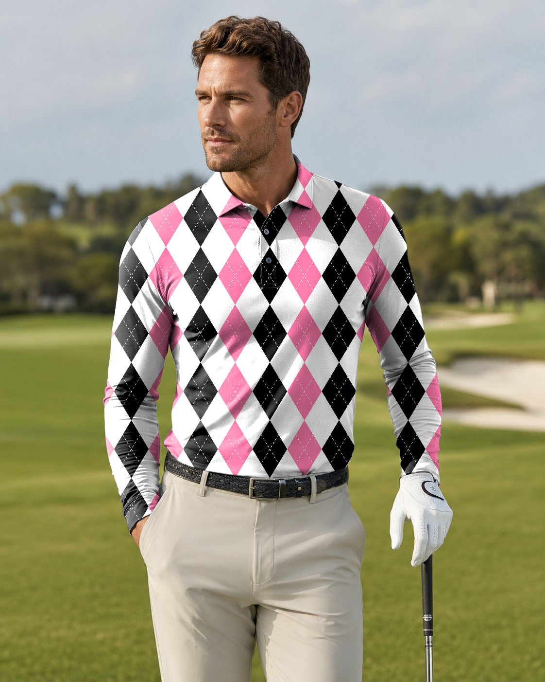Men's pink black argyle Long-sleeved Polo