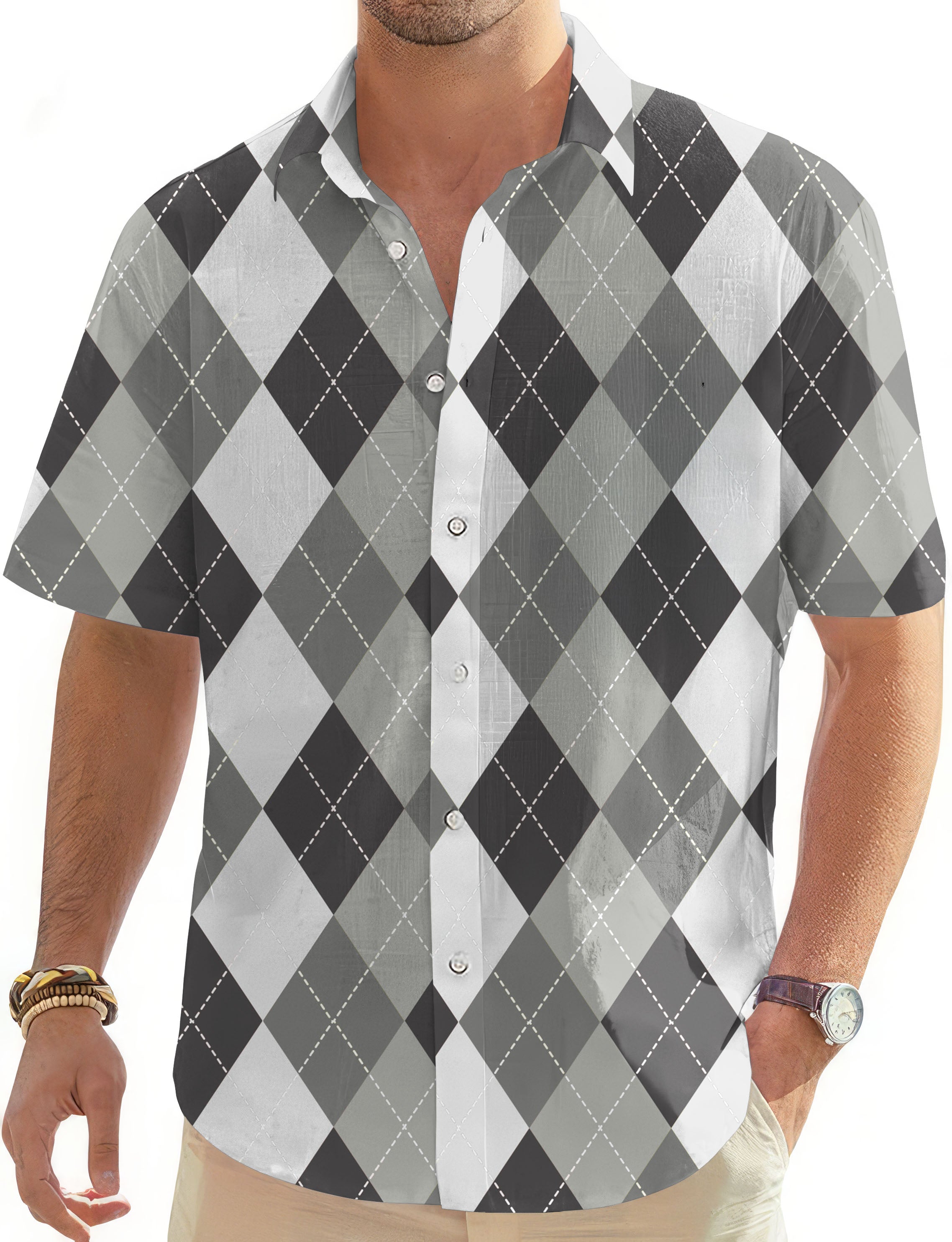 grey Argyle-Men's Golf Hawaiian Shirts Button Down Shirt