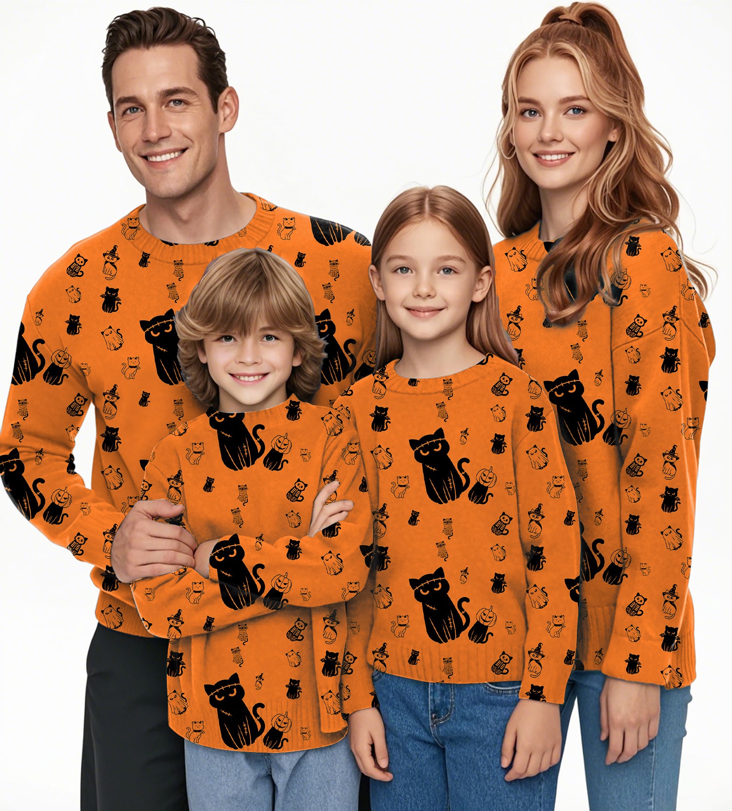 Halloween Cute Cat Custom The Background Color Crewneck Pullover Ugly Sweater Men Women boy girl family