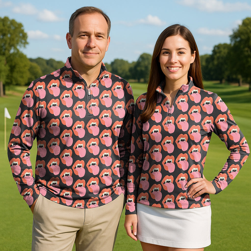 Halloween Vampire Mouth Couple Golf Active 3/4 Zipper Top Long Sleeves
