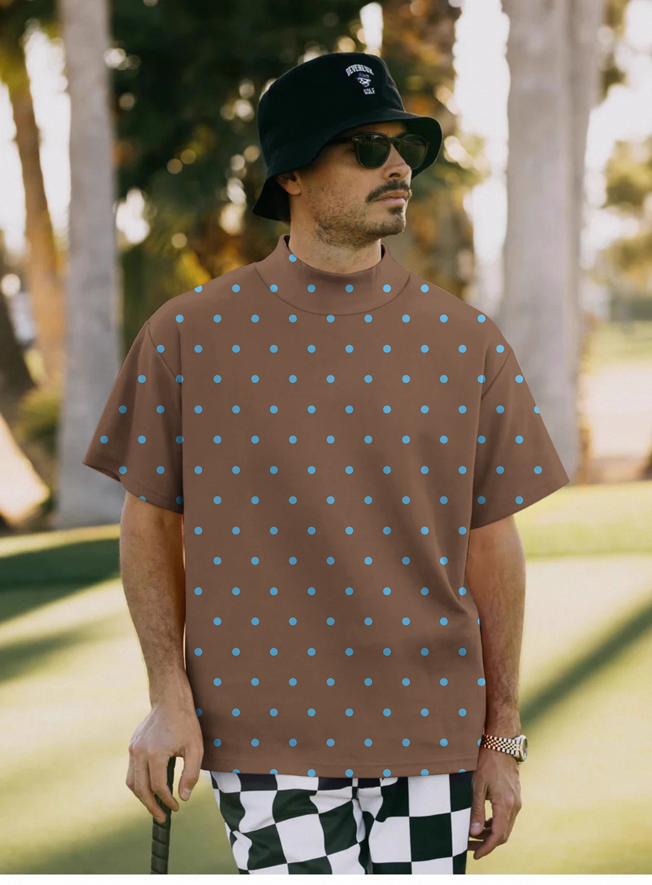 Men's Brown Polka Dots Mock Neck Long/Short Sleeve Golf Tops