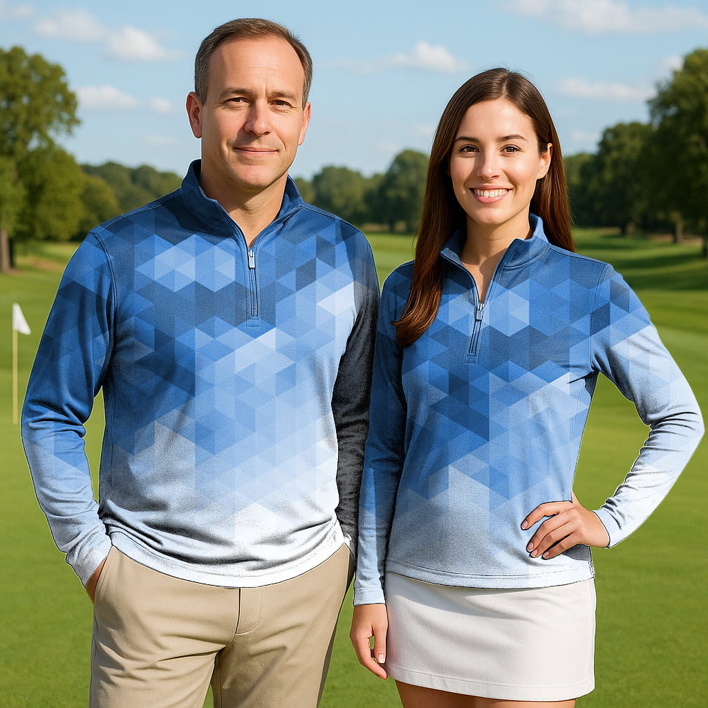 Abstract Blue Background With Triangular Pattern Couple Golf Active 3/4 Zipper Top Long Sleeves