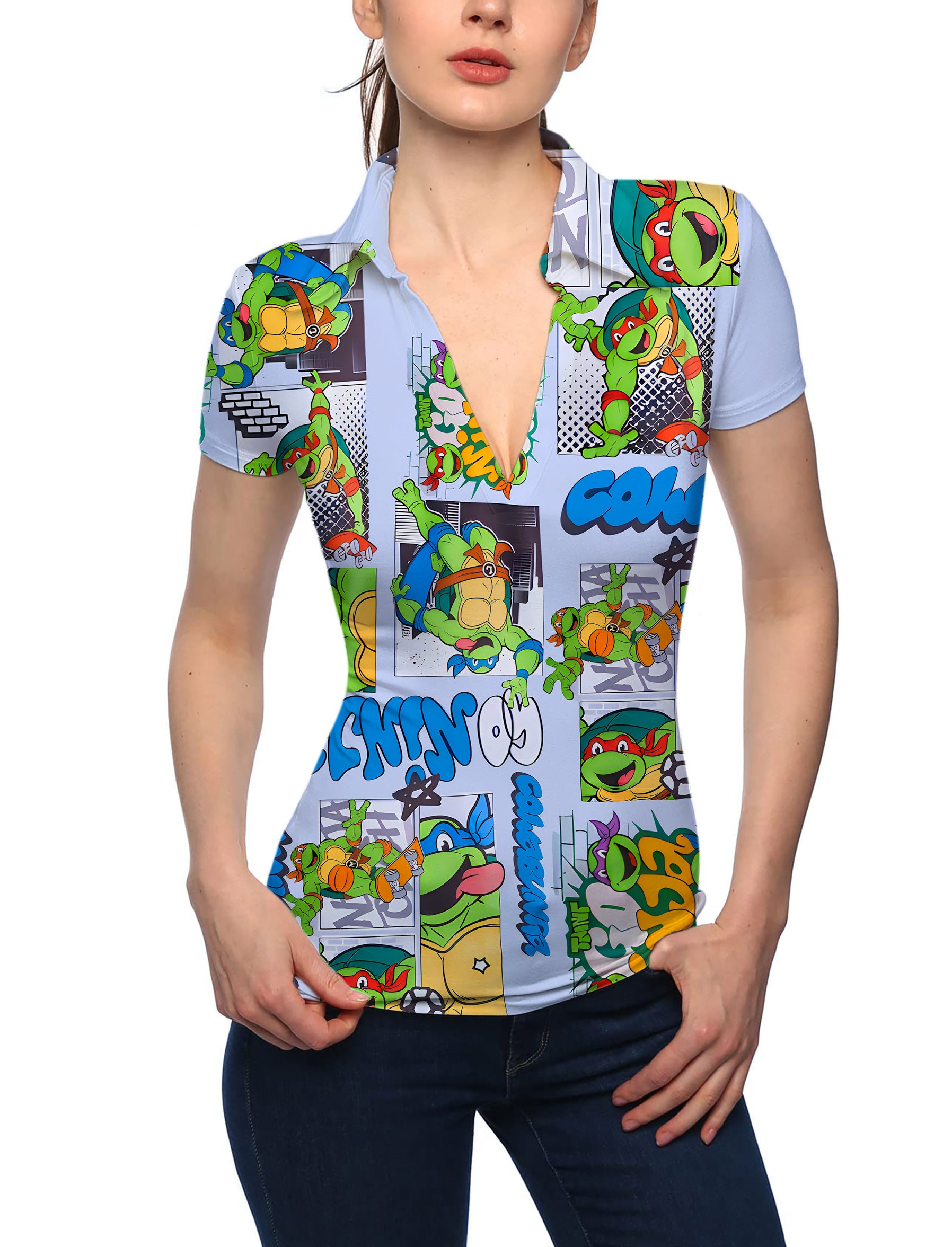 Women's TMNT - Comic Strip V Neck Golf Polo