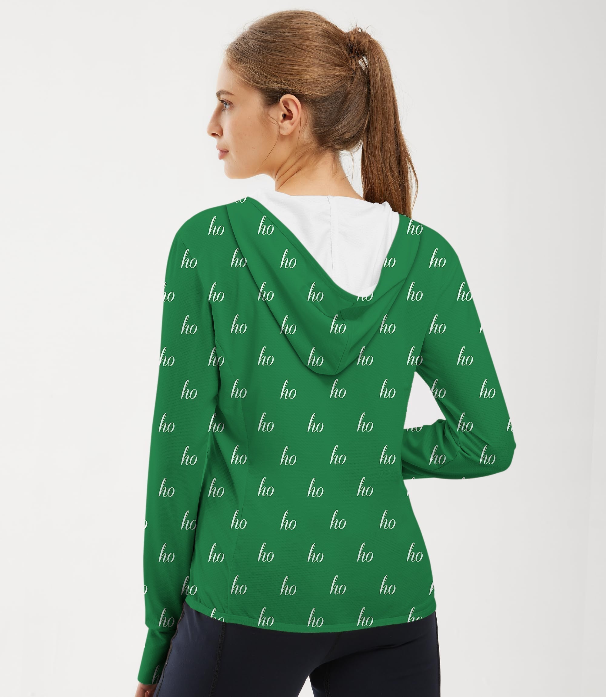 Women's outdoor green slim fit zip hoodie with white "ho" print and sun protection hood