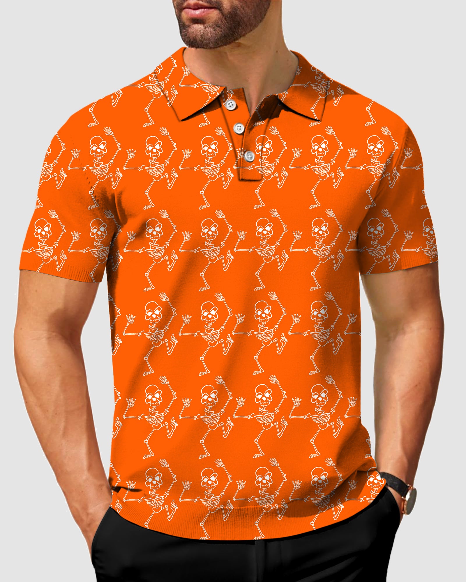Men's Dancing Skeleton Orange Designer style Sam’s Weird Studio Polo Sam’s Weird Studio