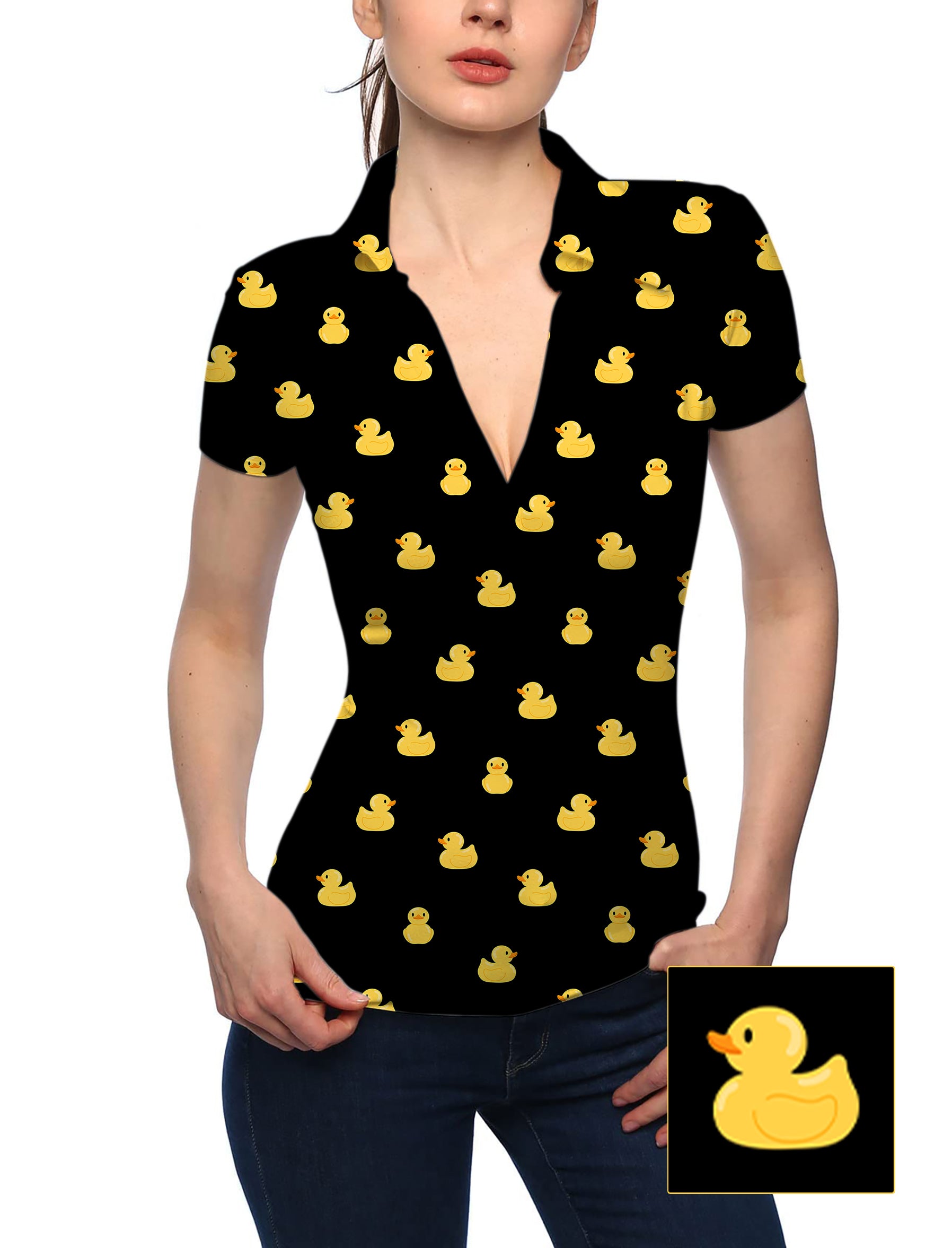Women's Yellow Rubber Duck Custom The Background Color V Neck Golf Polo