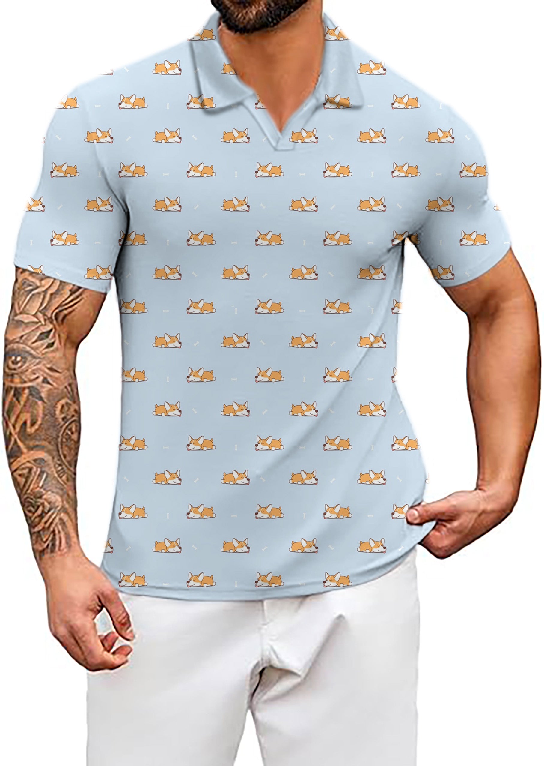 Men's Cute corgi V Neck Golf Polo Shirts