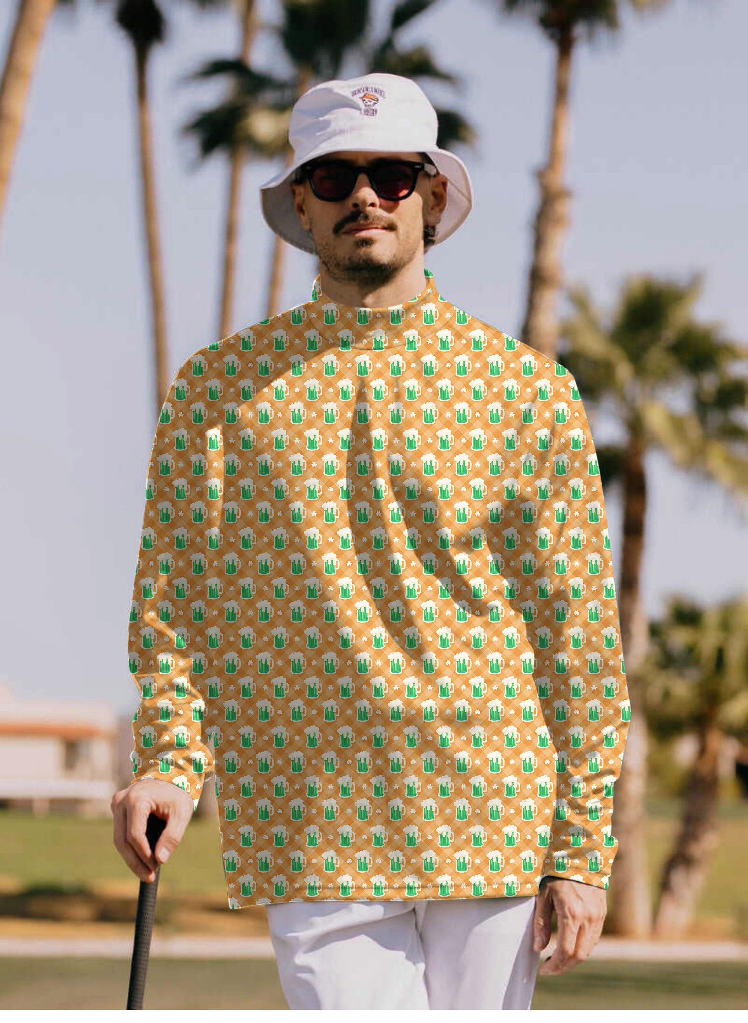 Men'sGreen beer and clover leaf St. Patrick's Day Pullover High neck Long/Short sleeve T-Shirt