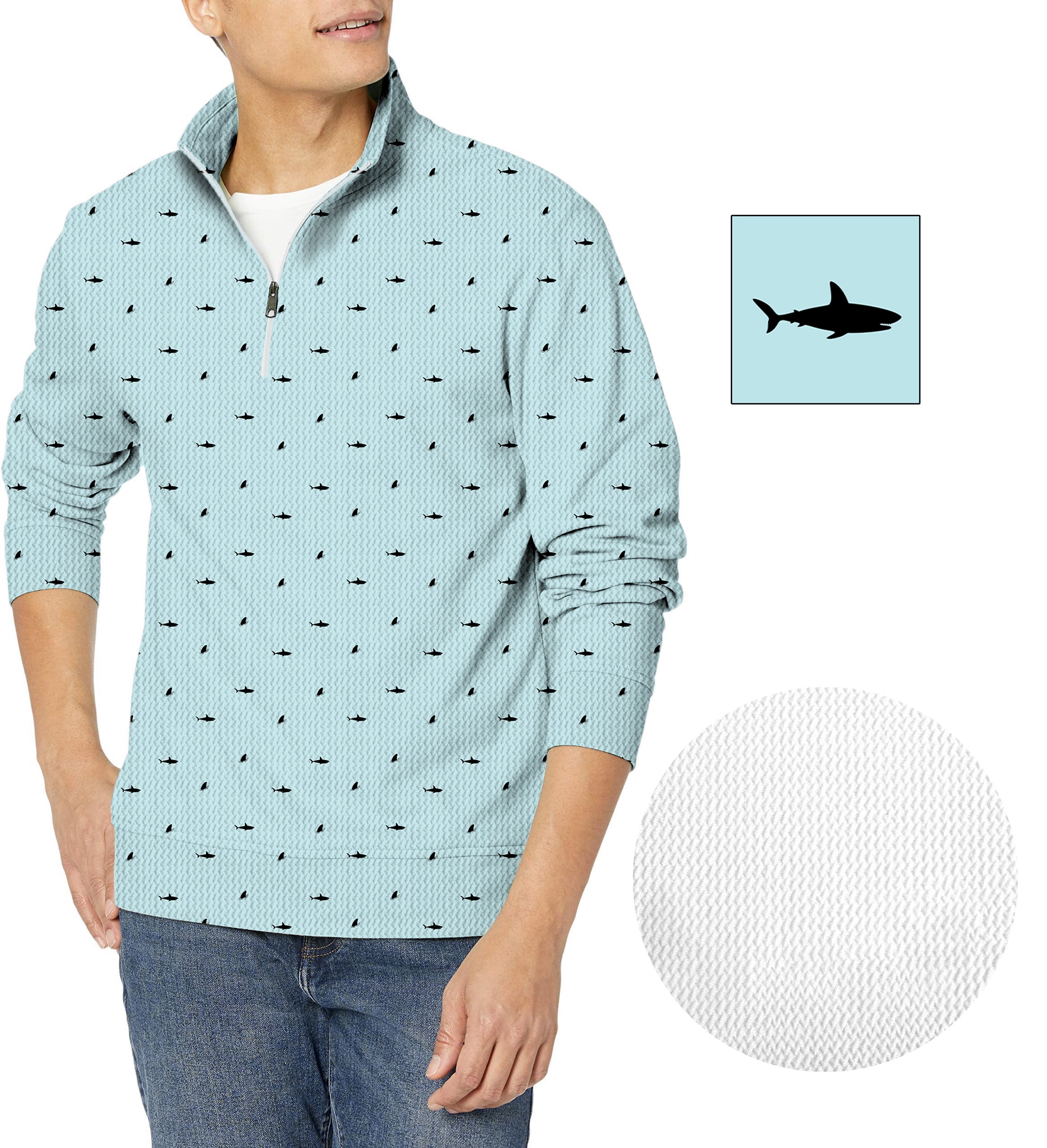 Black Shark and Fin Custom The Background Color Men's Golf Waffle Zipper Pullover