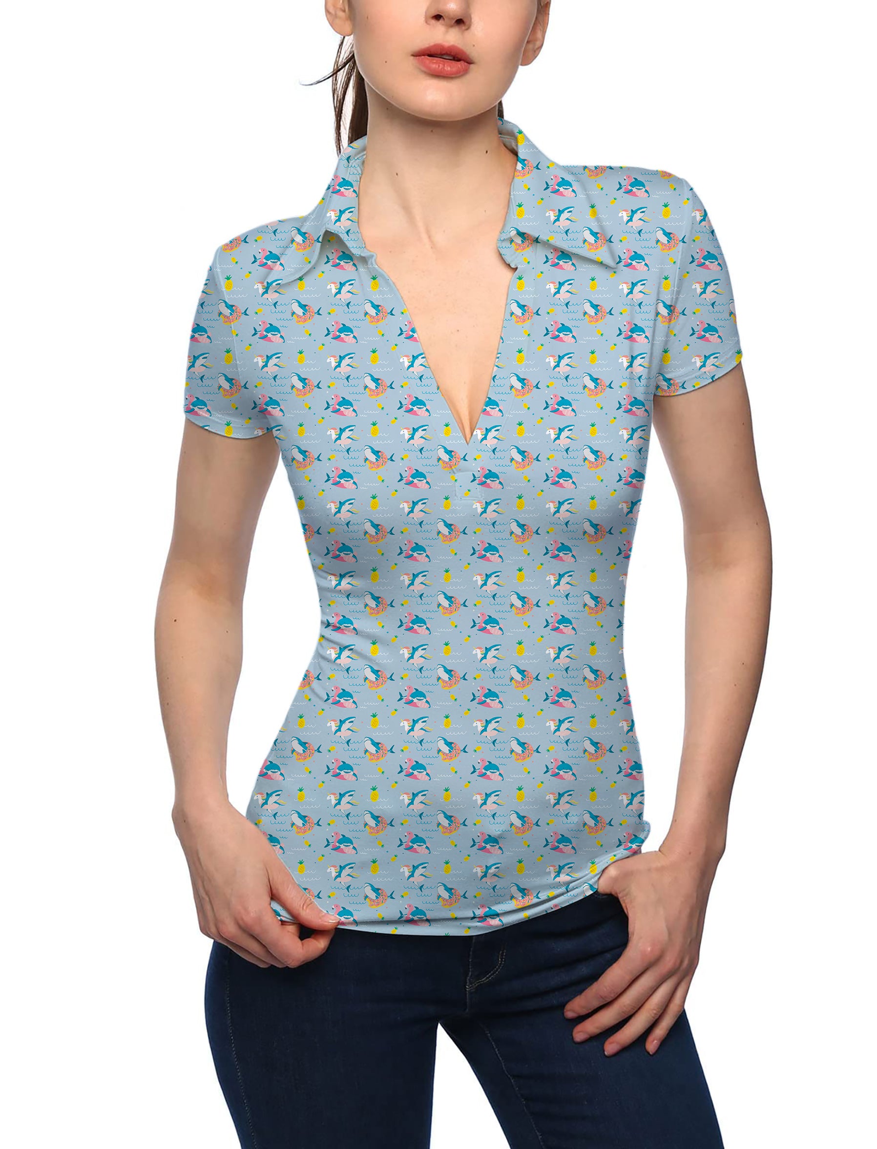 Women's Shark Flamingo Unicorn V Neck Golf Polo