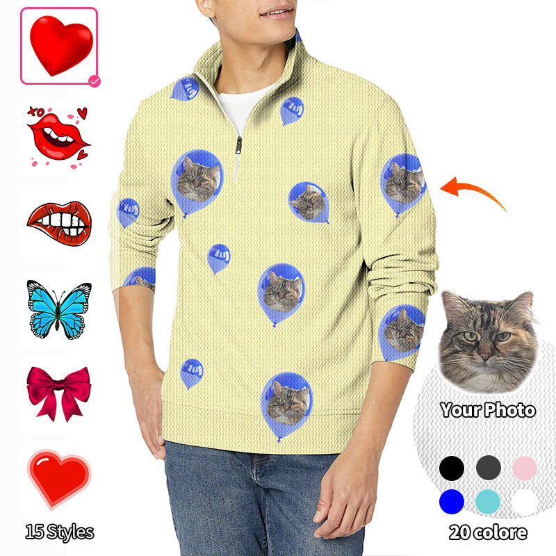 Valentine's Day Custom Photo Face Custom Color Yellow Love Men's Golf Waffle Zipper Pullover