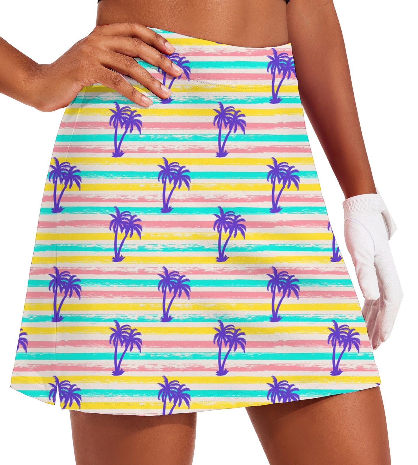 Women's Striped Summer Palm tree Golf Skirts Inner Shorts Pocket