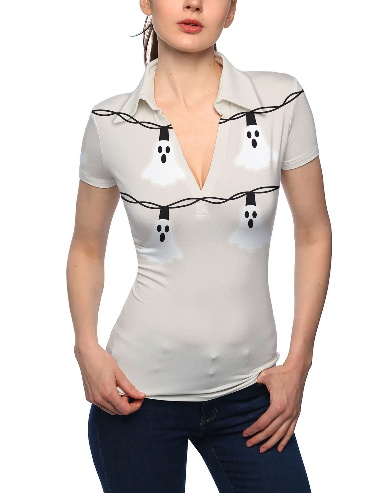 Women's Halloween Ghost Light V Neck Golf Polo