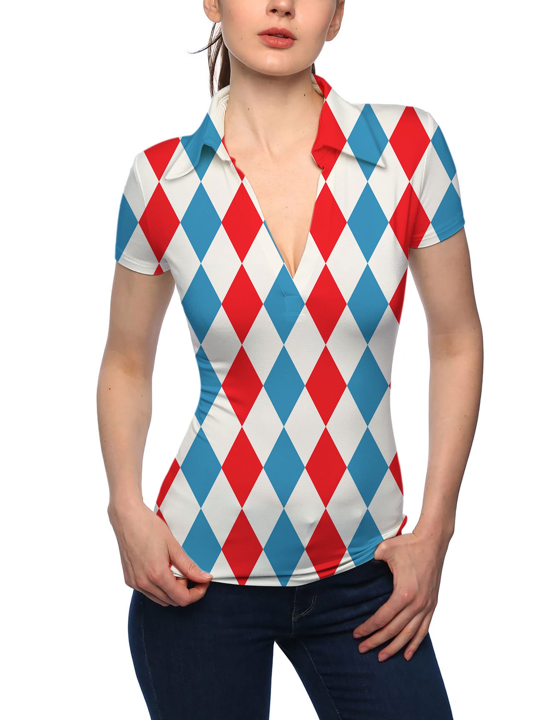 Women's Geometric checkerboard Argyle V Neck Golf Polo