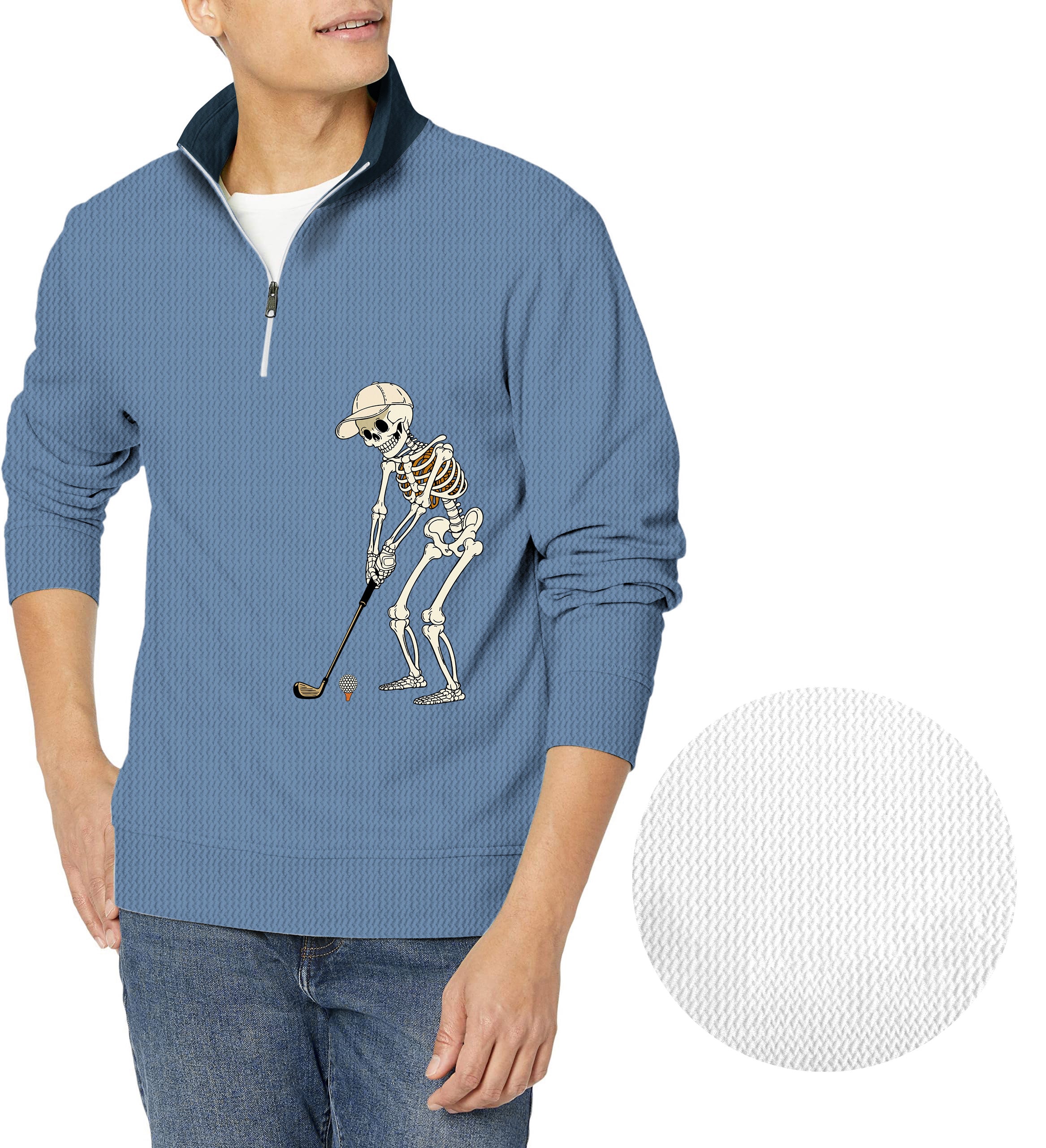 White Royal Blue Halloween Skeleton Golf Men's Golf Waffle Zipper Pullover