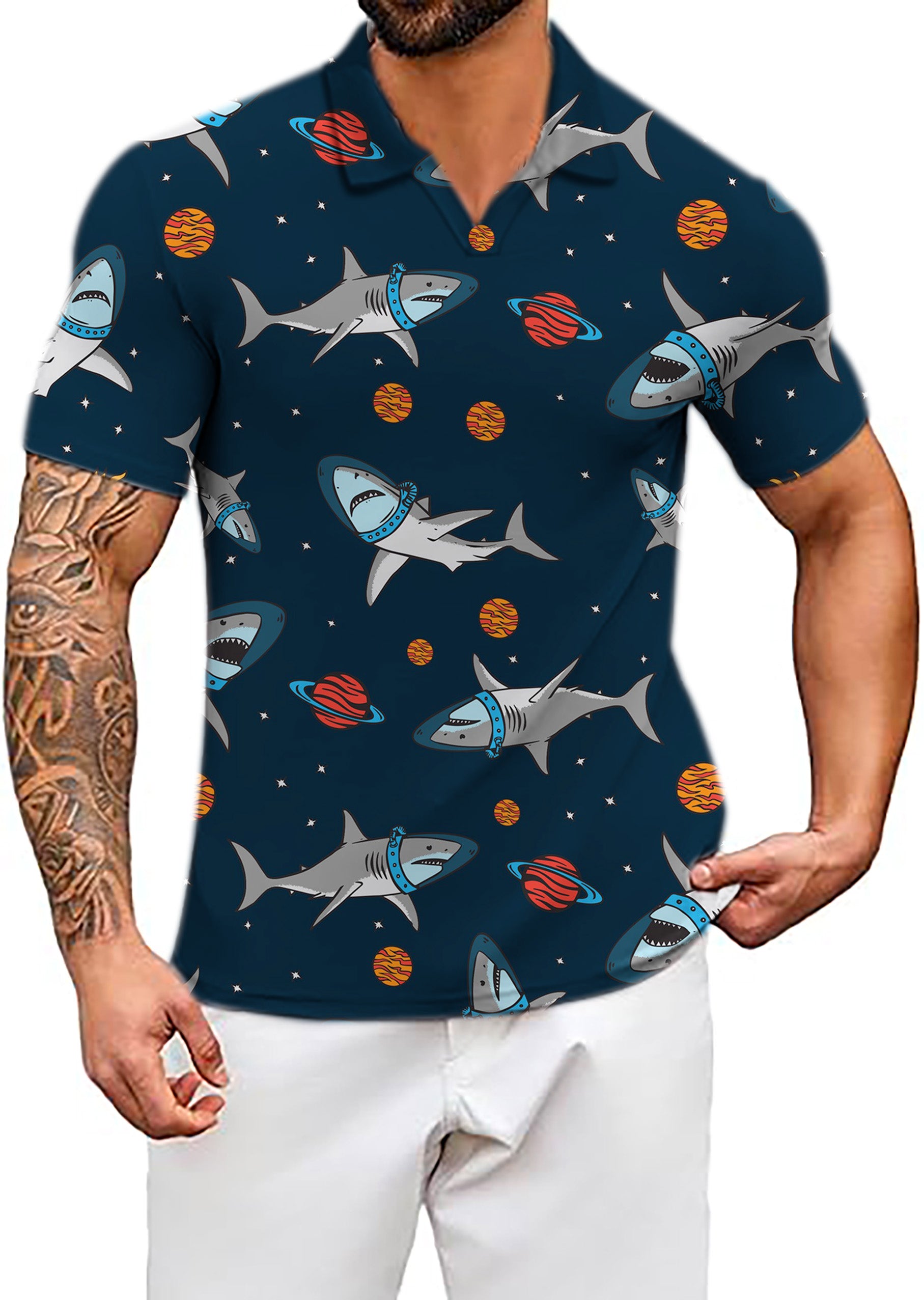 Men's Sharks in Space V Neck Golf Polo Shirts