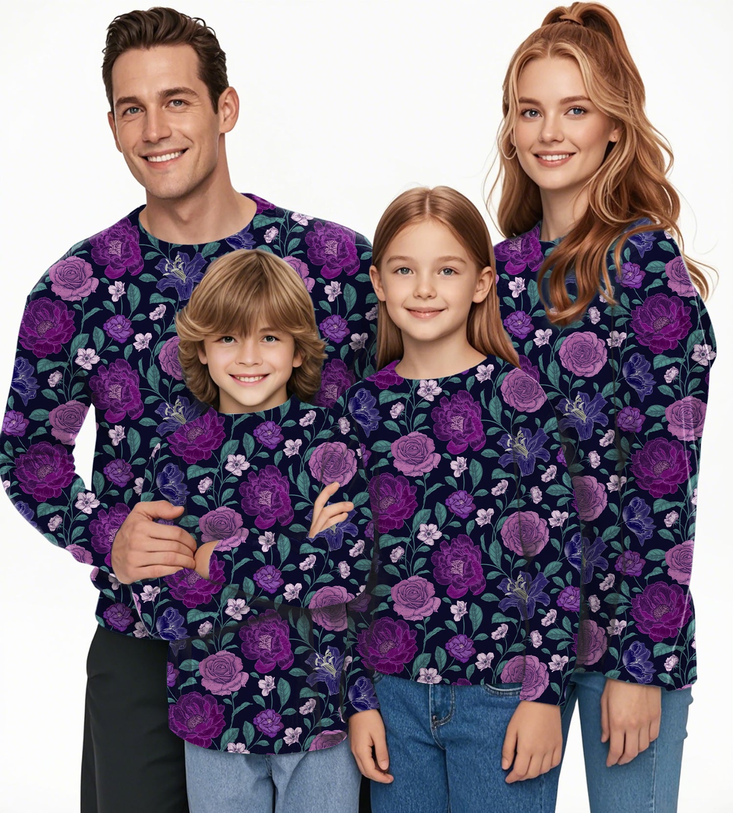 Purple Floral Crewneck Pullover Ugly Sweater Men Women boy girl family