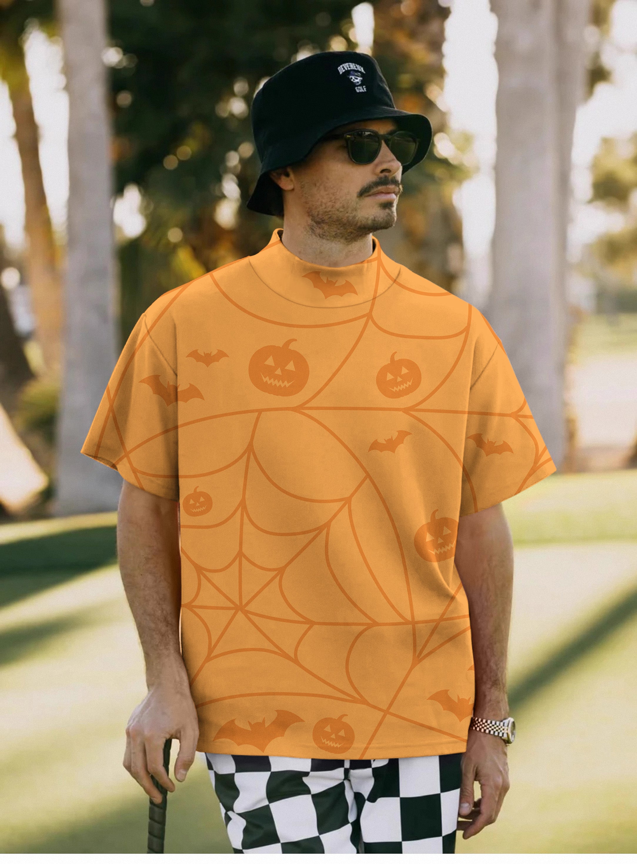 Men's Halloween Spiderweb Pumpkin Mock Neck Long/Short Sleeve Golf Tops