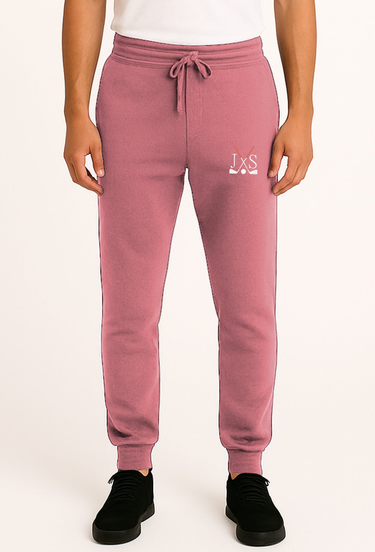 Embroidery solid color hot pink plus size sports sweatpants with golf club and initials embroidery