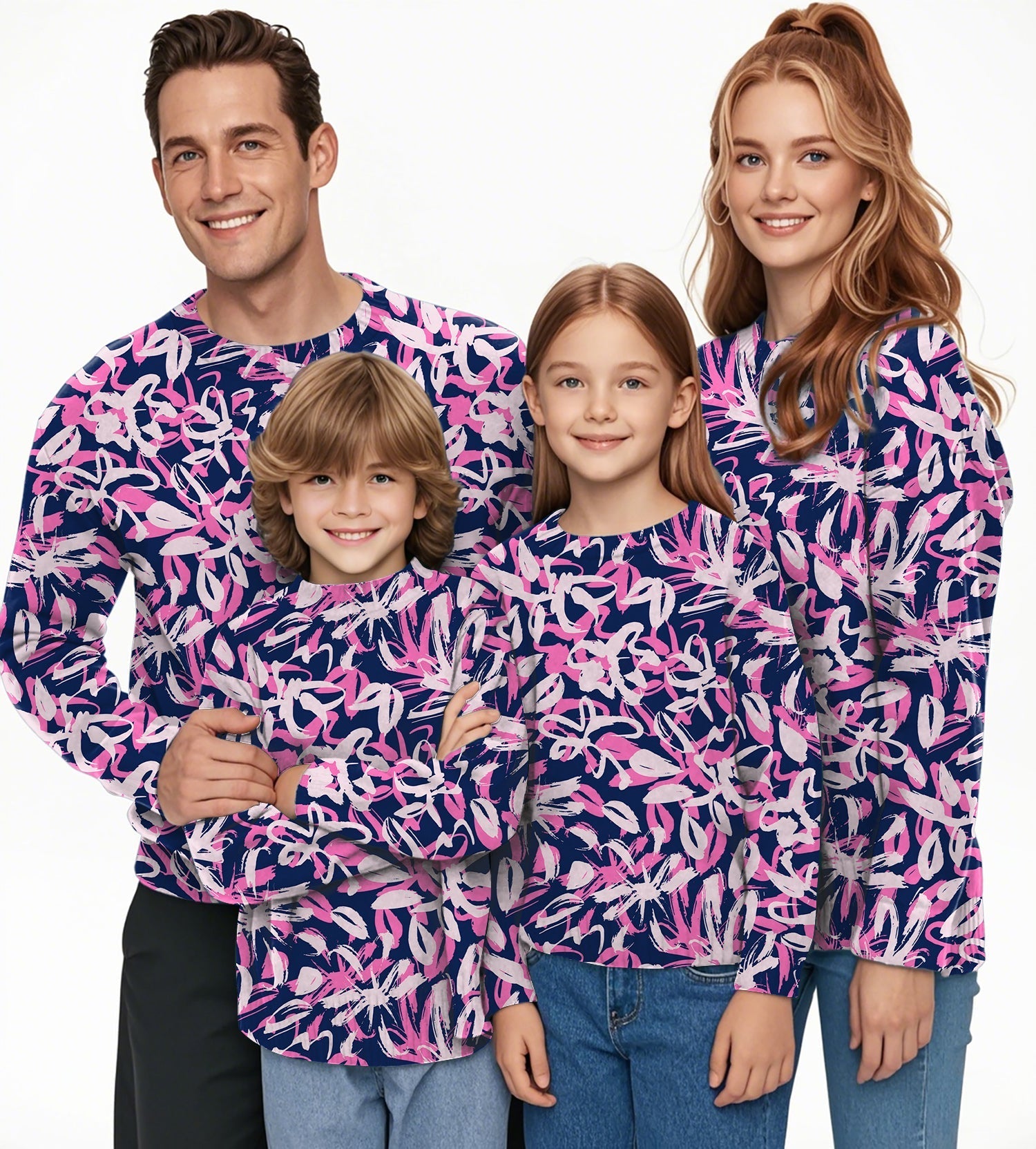 Family wearing matching Draw Flowers Crewneck Pullovers with pink and white floral patterns on navy background