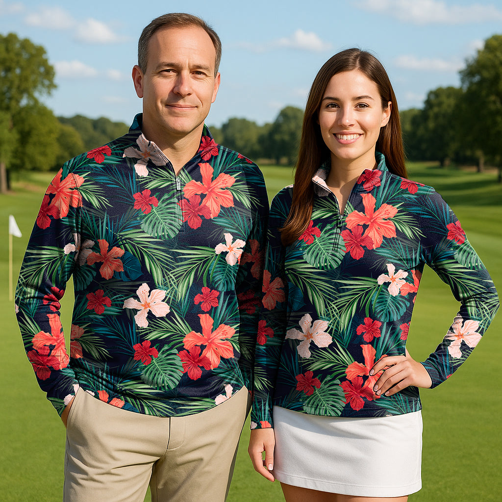 Jungle Hibiscus Couple Golf Active 3/4 Zipper Top Long Sleeves