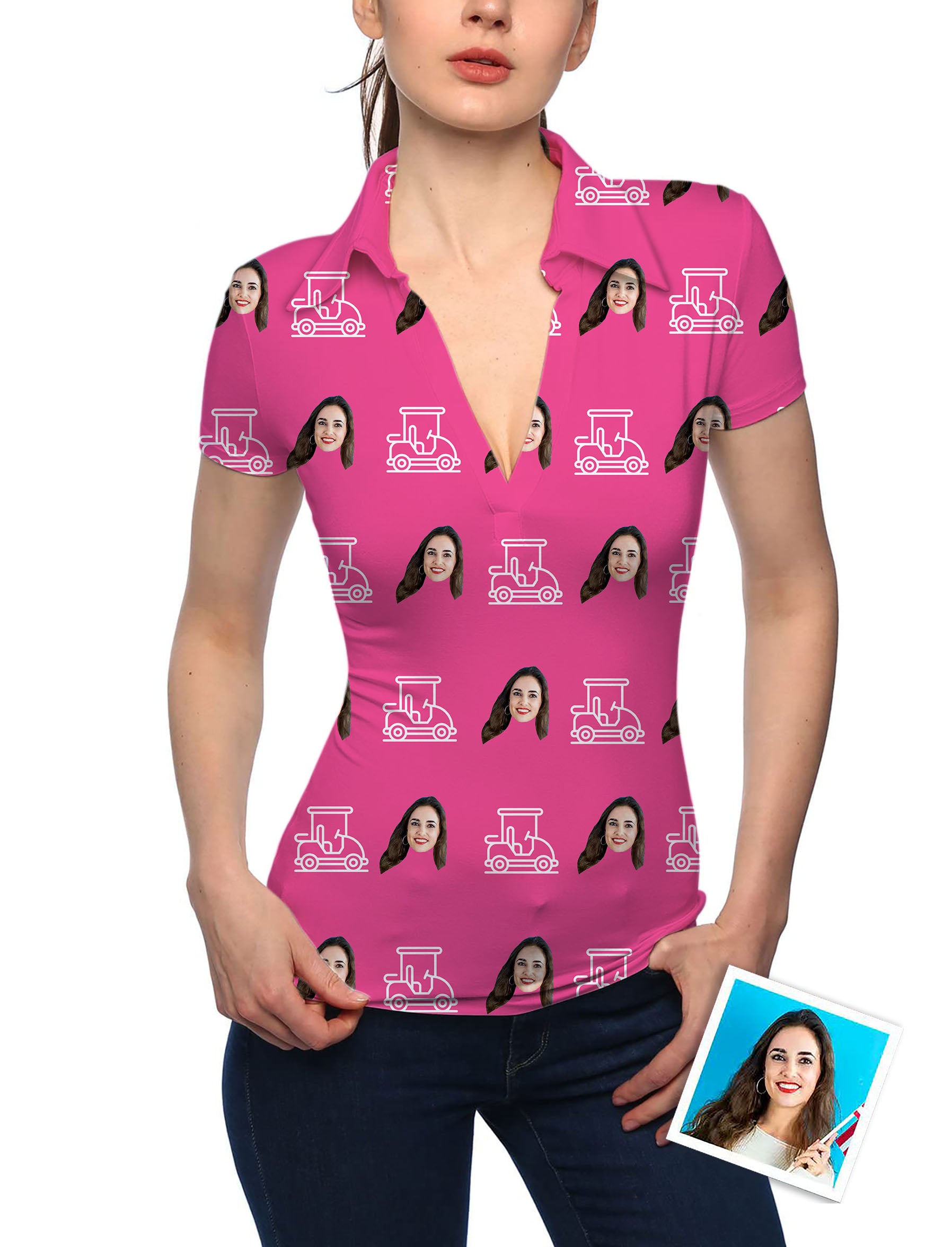 Women's Custom Photo Funny Face V Neck Golf Polo