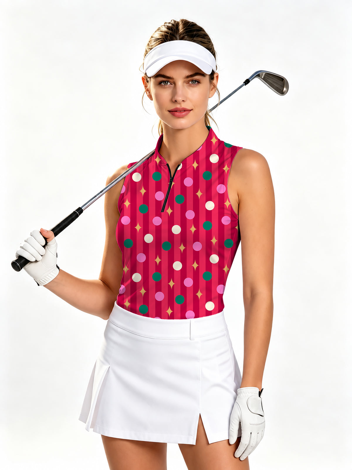 Red Christmas Lollipops Women's Quarter Zip Mock Neck Sleeveless Golf Athletic Blouse