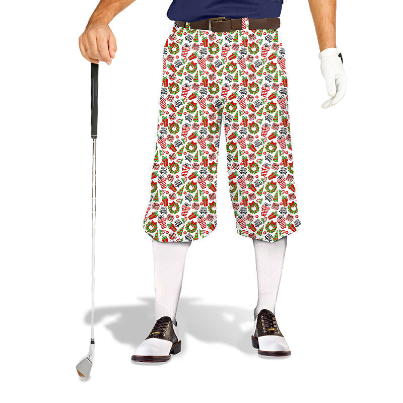 Men's Christmas themed golf knickers with festive print, snug ankle cuffs, and lightweight breathable fabric