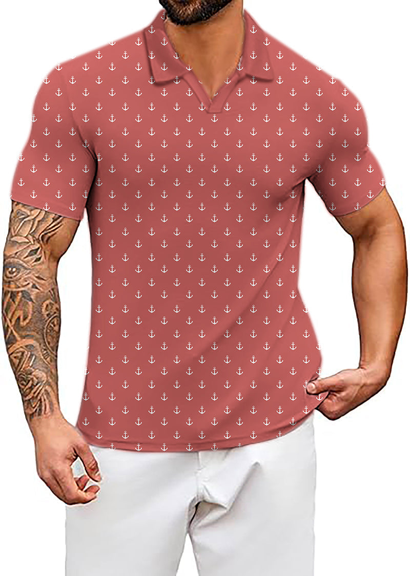 Men's Coconut Palm pink polo shirt with red anchor print, wrinkle-resistant, moisture-wicking fabric, and classic fit