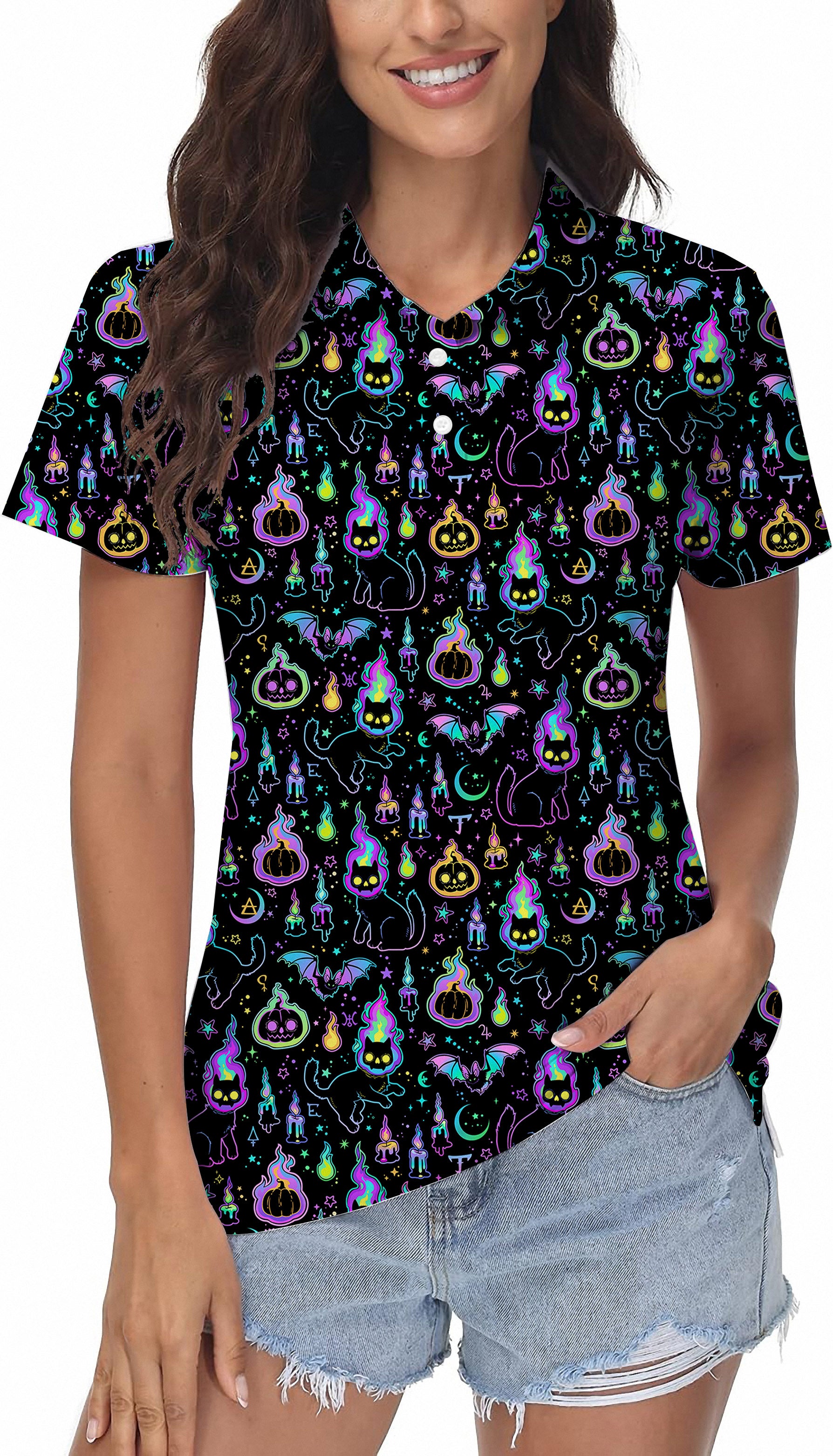 Halloween Ghost Pumpkin Cat Women's Golf Polo
