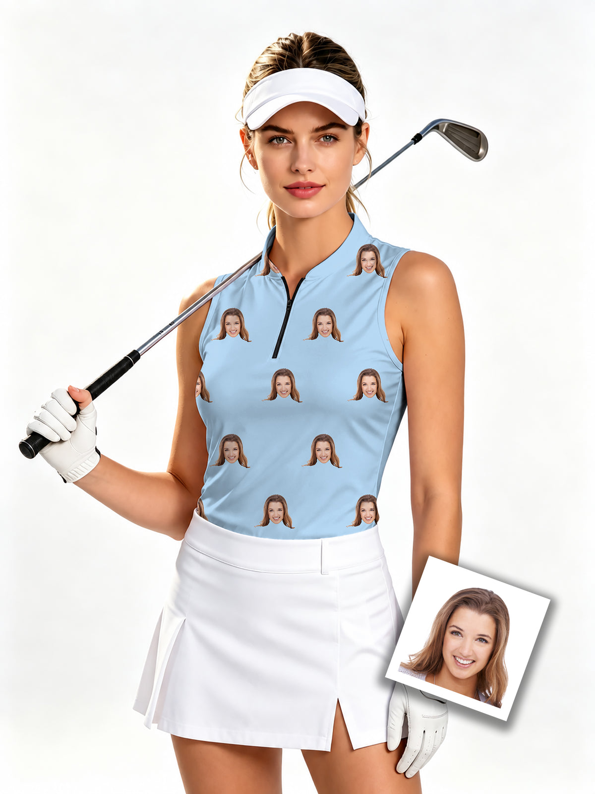 Custom Photo Funny Face Women's Quarter Zip Mock Neck Sleeveless Golf Athletic Blouse
