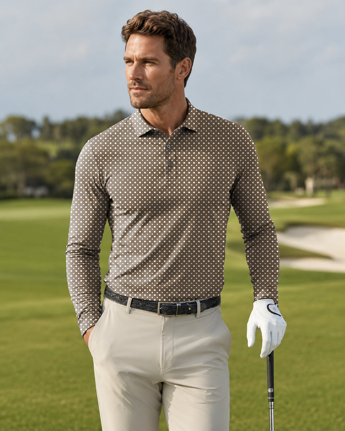 Men's white polka dot brown Long-sleeved Polo