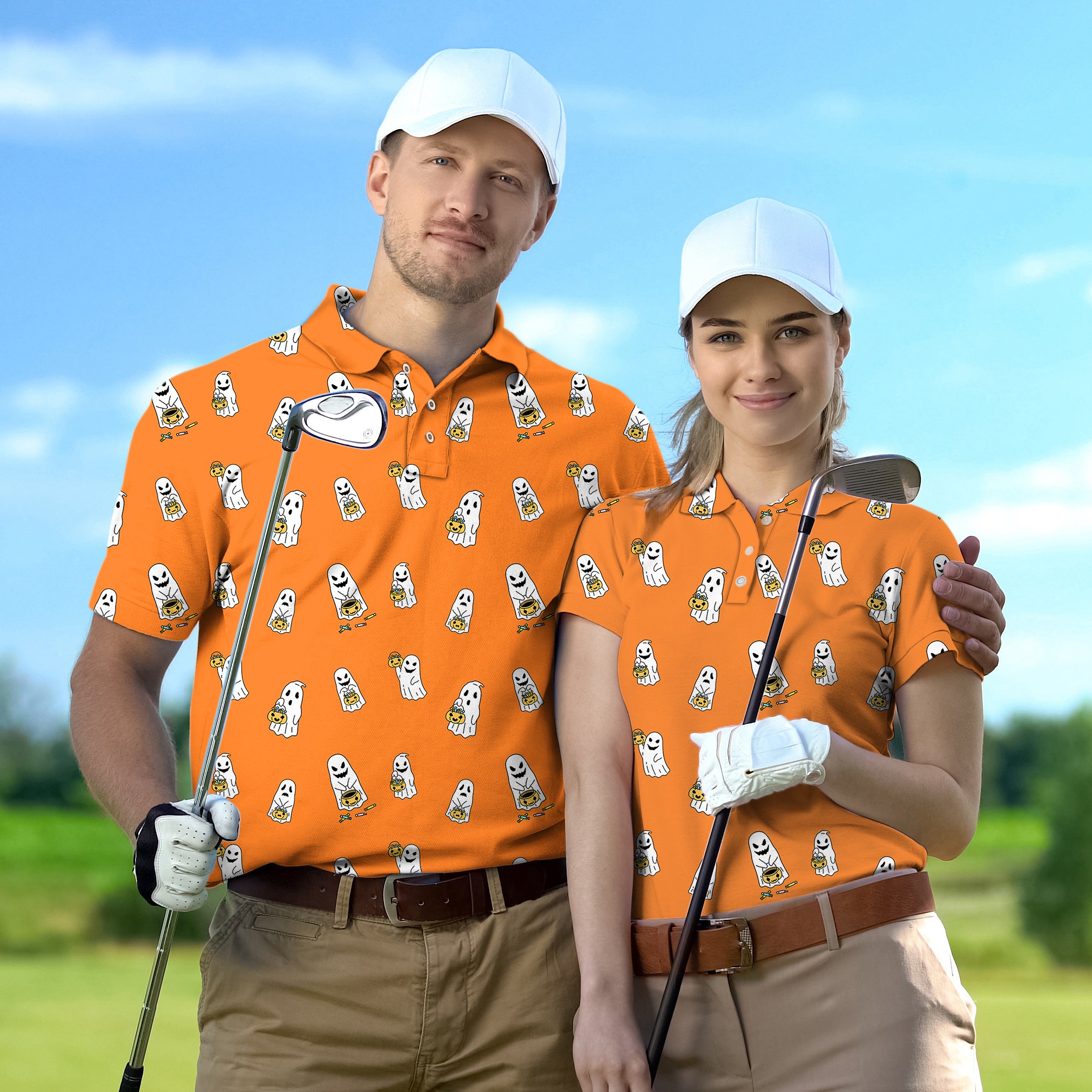 Couple Halloween Ghost Pumpkin Basket Custom The Background Color set Golf Championship Trophy tournament