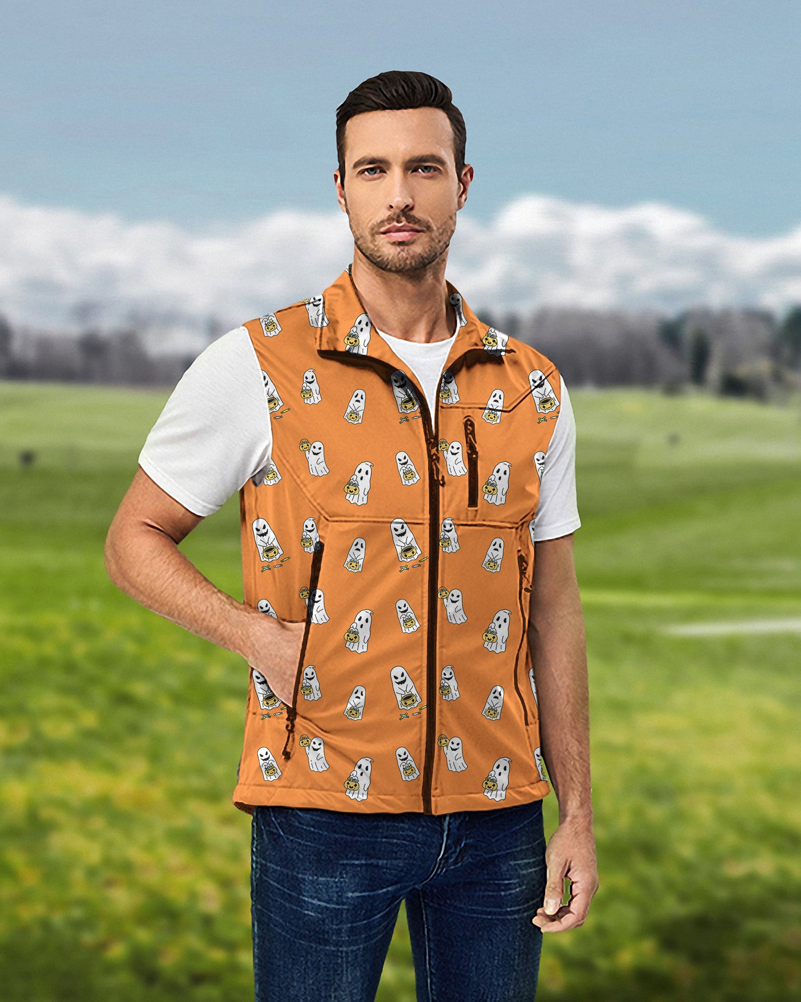 Men's Halloween Ghost Pumpkin Basket Custom The Background Color Lightweight Softshell Vest Sleeveless Jacket for Golf Windproof Waterproof