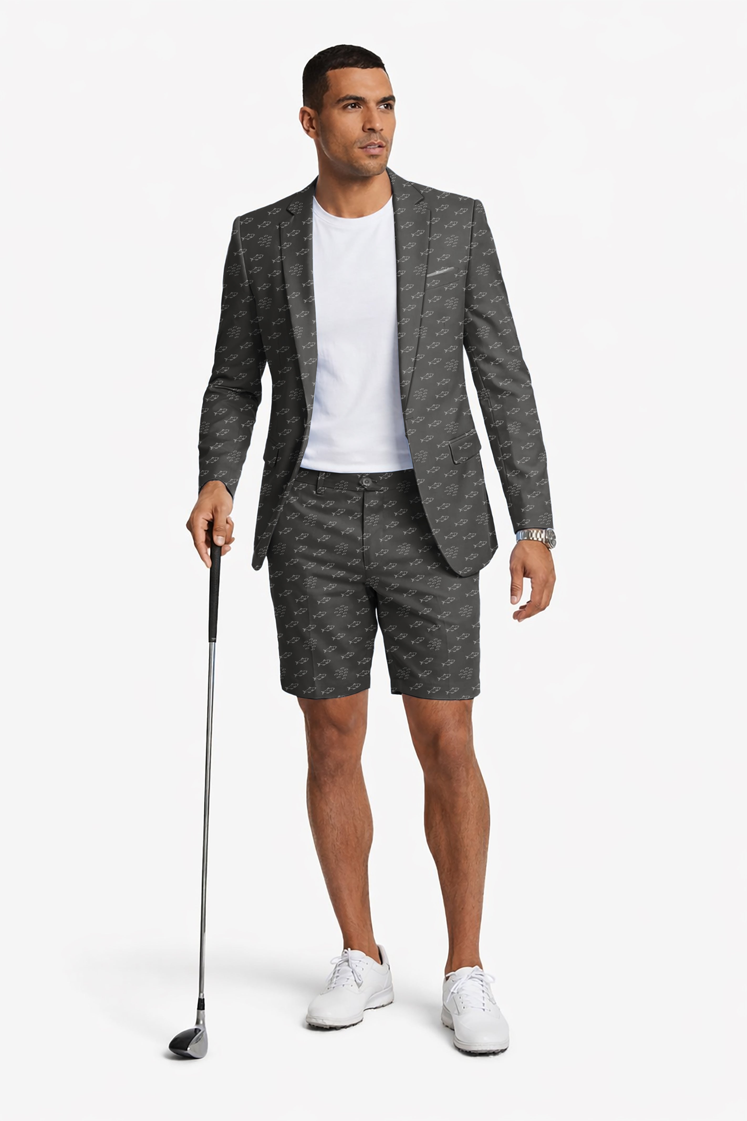 Minimal Fish Sketch Men's Party Costumes-Theme Party 2pcs Suit set-Blazer Shorts