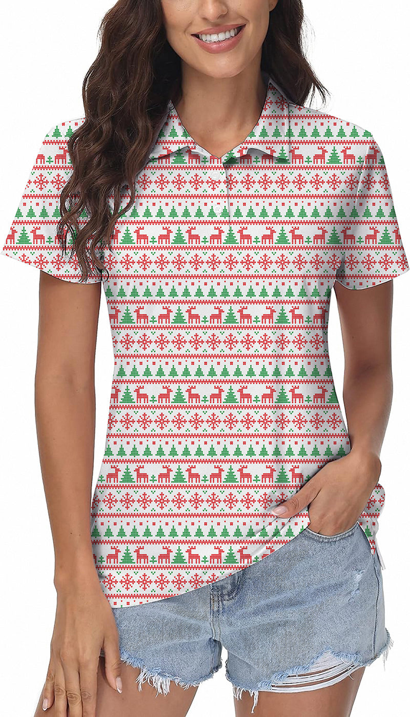 Women's Christmas-themed golf polo with red, green, and white festive patterns, featuring a classic fit and moisture-wicking fabric