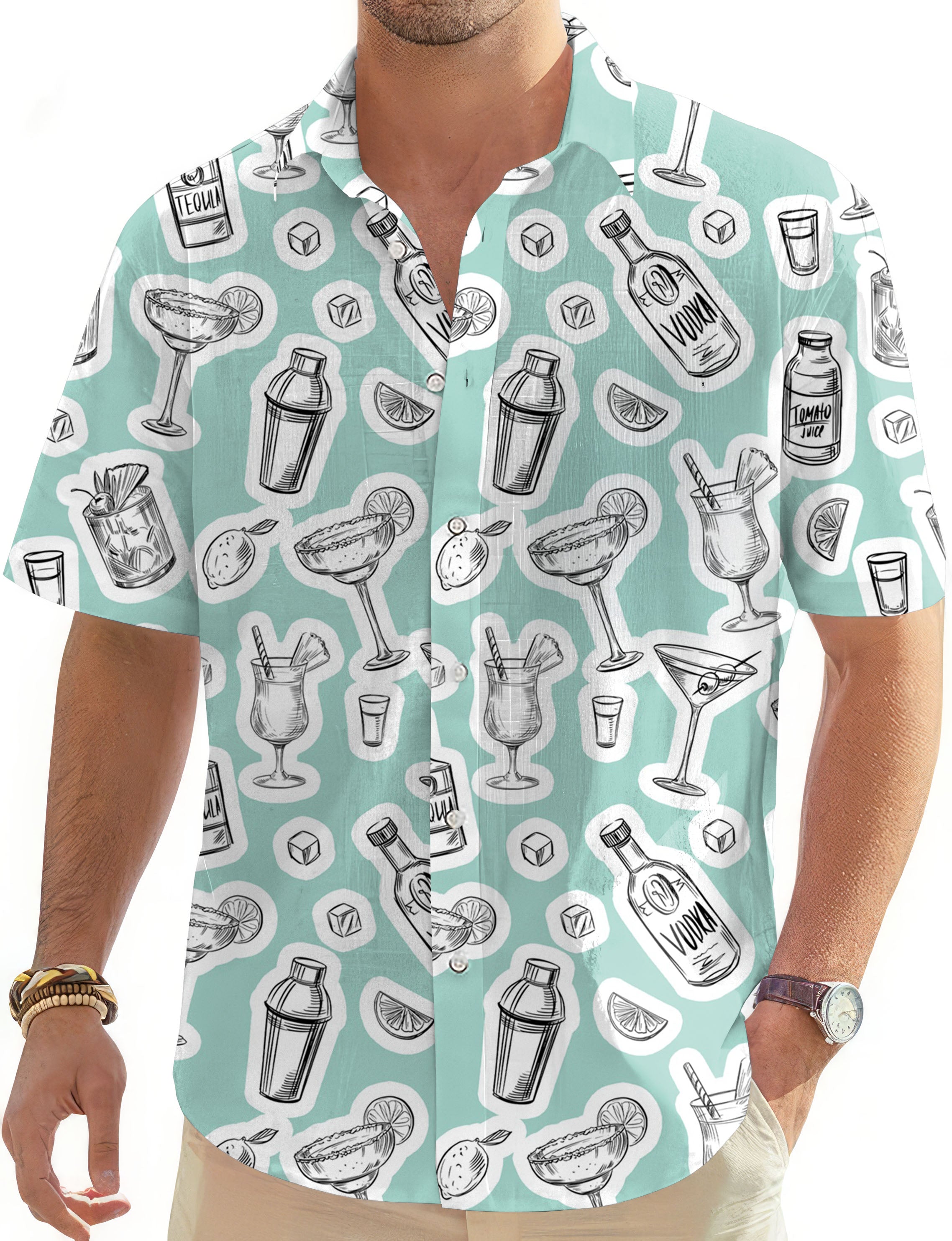 Set of alcohol cocktails-Men's Golf Hawaiian Shirts Button Down Shirt