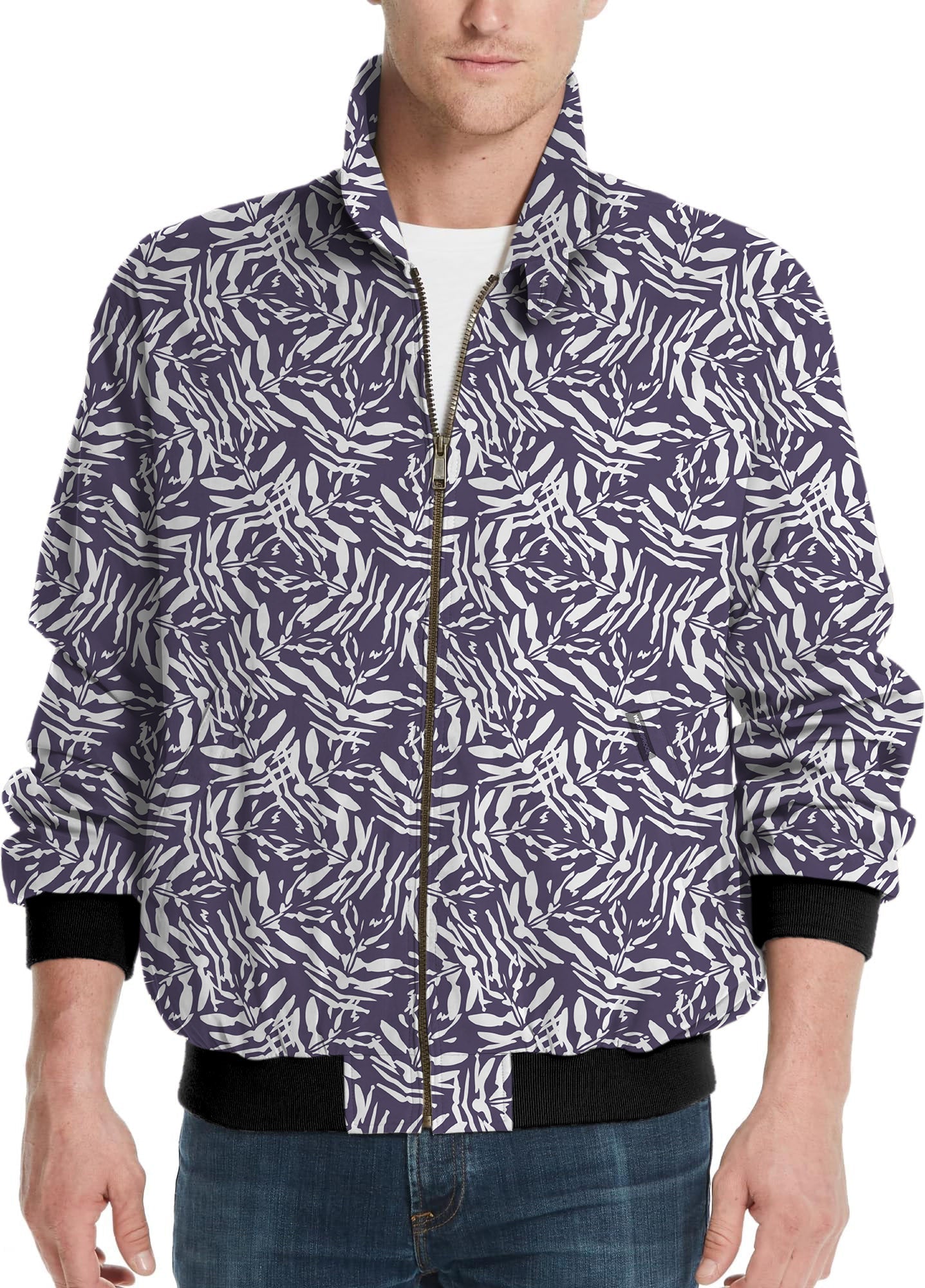 abstract navy men's golf windbreaker light jacket with leaf pattern and zipper front