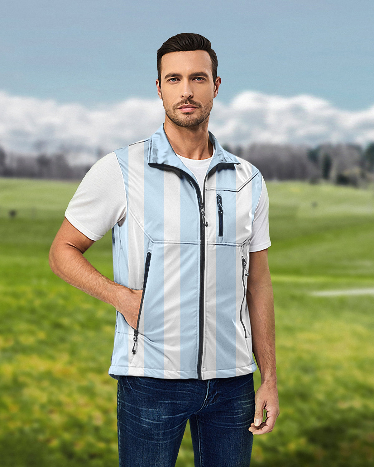 Men's Blue and white vertical stripes Lightweight Softshell Vest Sleeveless Jacket for Golf Windproof Waterproof