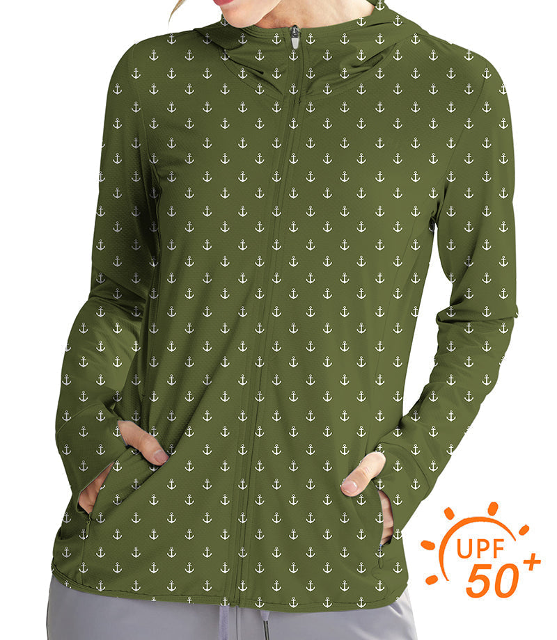 Women's outdoor dark green anchor print slim fit golf sun protection zip hoodie with thumb holes and UPF 50+ fabric