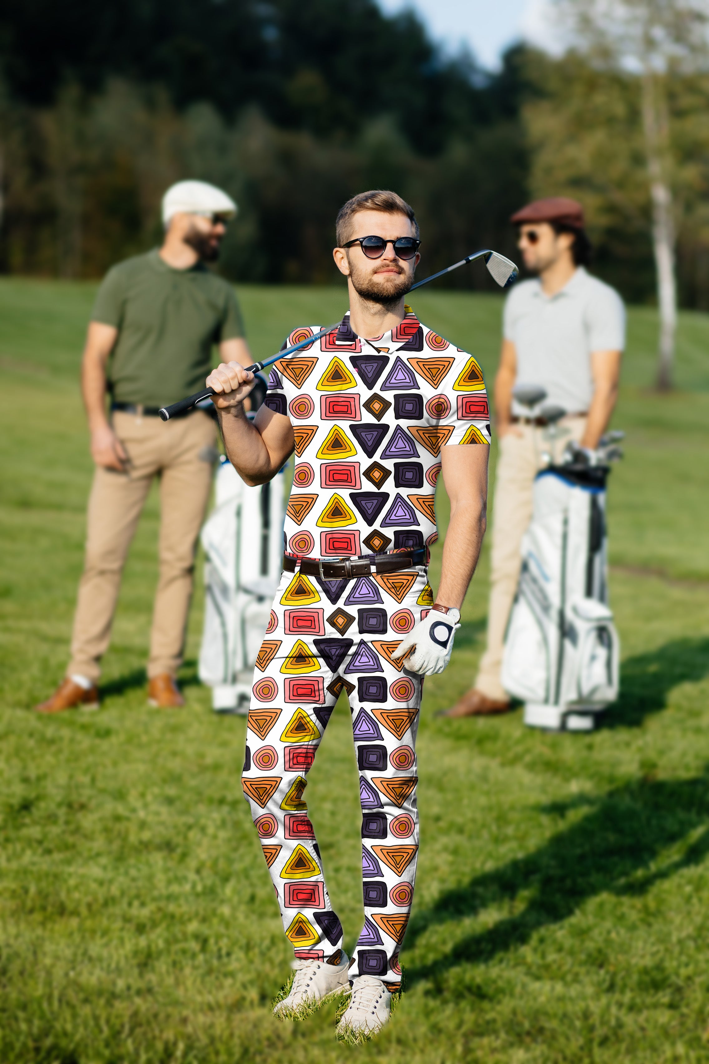 Men's Golf Set Polo+Pants colorfull triangle tribal