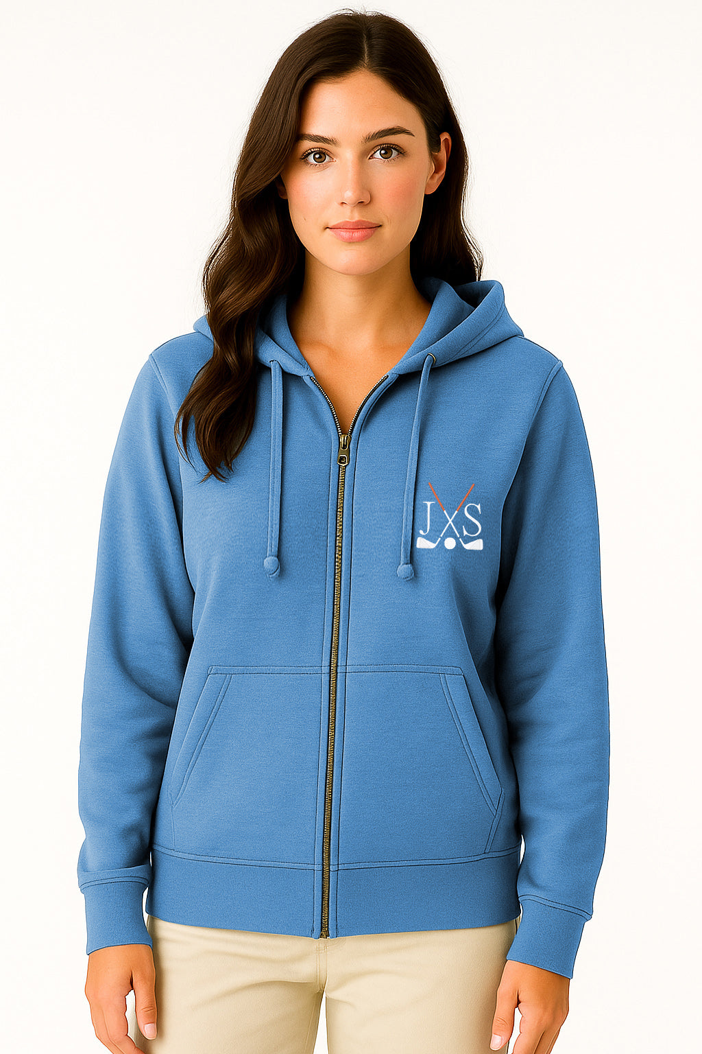 Blue embroidery solid color plus size women's zipper hoodie with golf club design