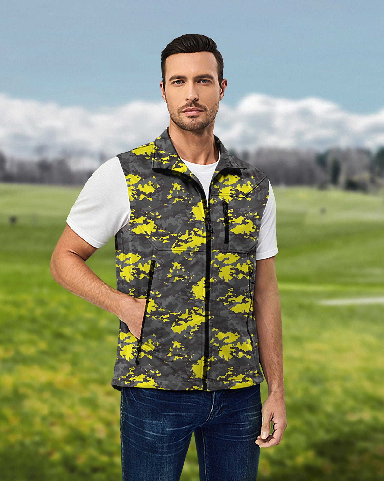 Men's Camouflage Lightweight Softshell Vest Sleeveless Jacket for Golf