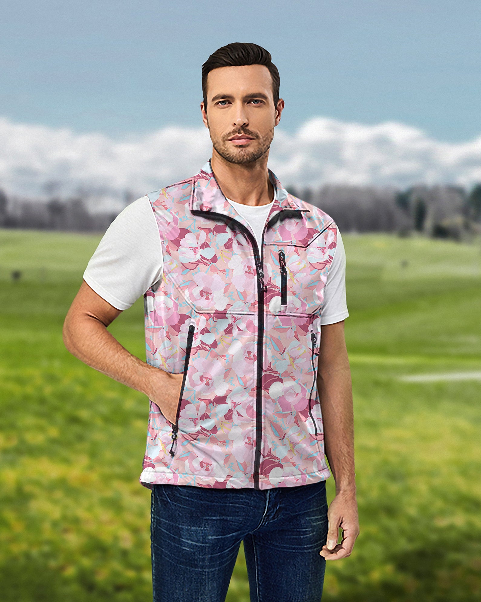 Men's Summer Camo Lightweight Softshell Vest Sleeveless Jacket for Golf Windproof Waterproof