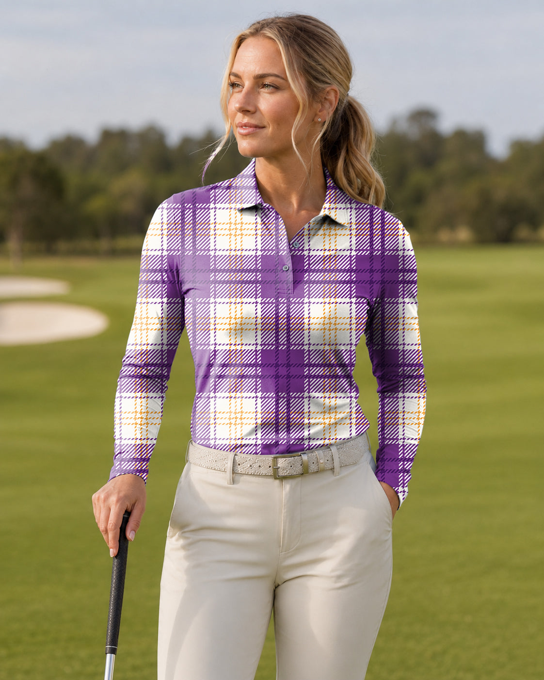 Halloween purple and yellow grid pattern Women's Long-Sleeved Golf Polo