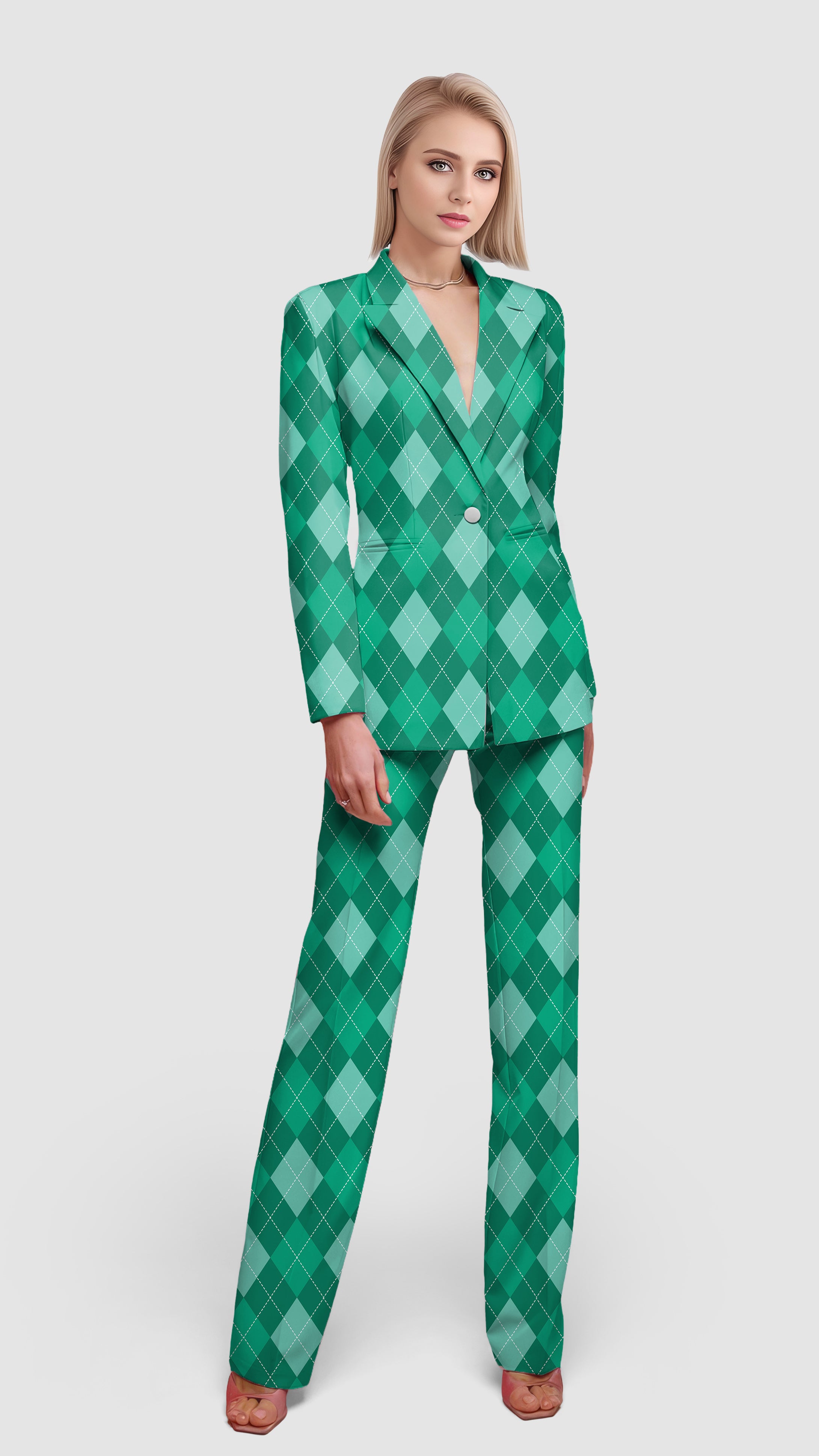 Green Argyle-Women's Blazer Casual Work Office Blazer Suit set
